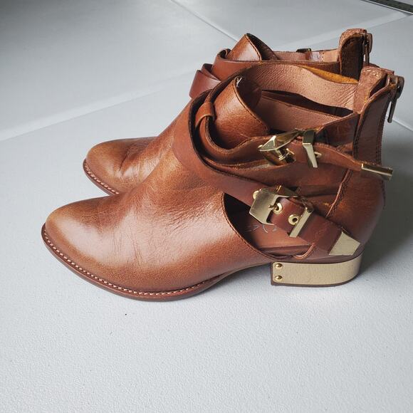 Jeffrey Campbell Boots Womens Size 8.5 Brown Strappy Gold Heel Booties Boho - Picture 3 of 10